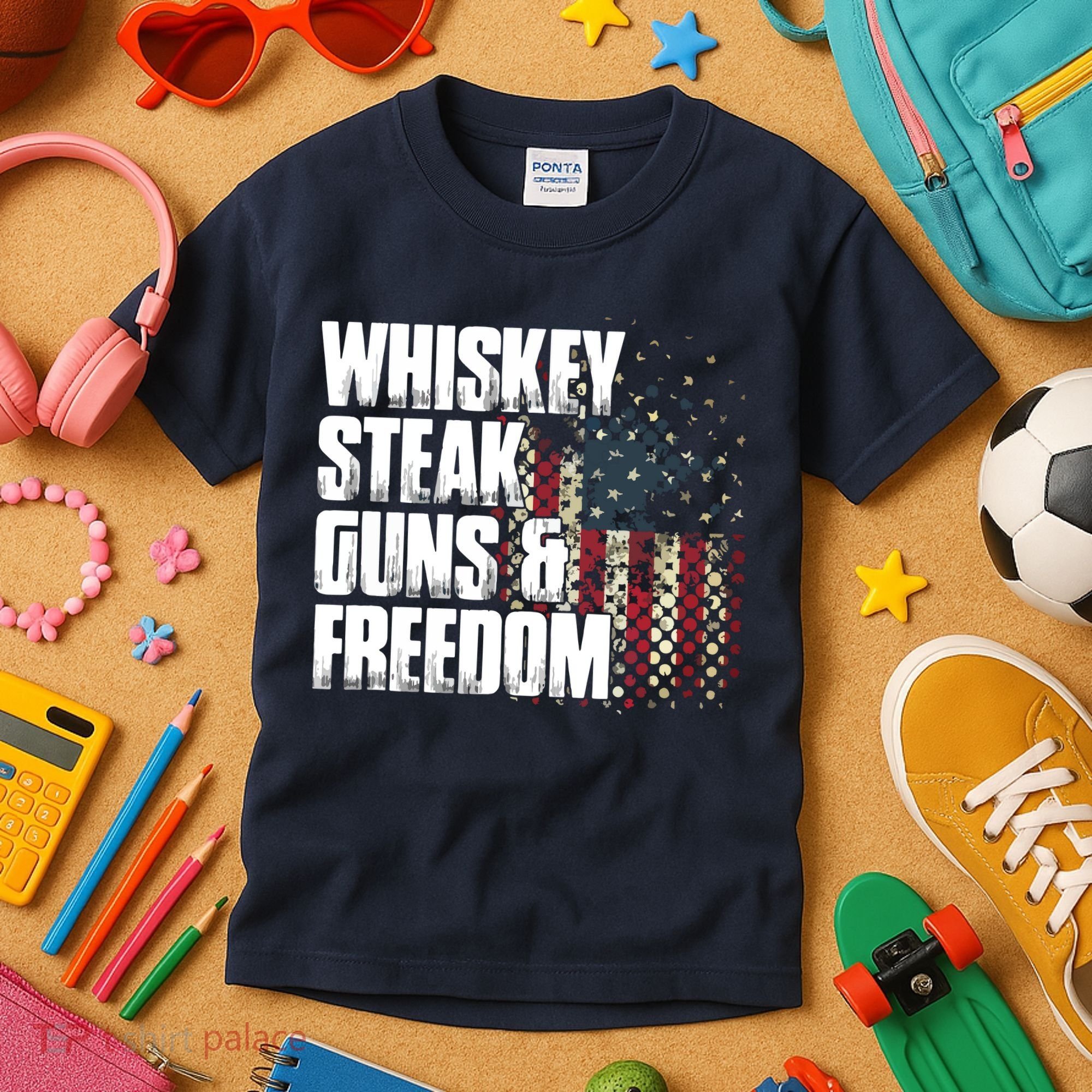 Whiskey Steak Guns Freedom Patriotic Flag Gift Kids T-Shirt