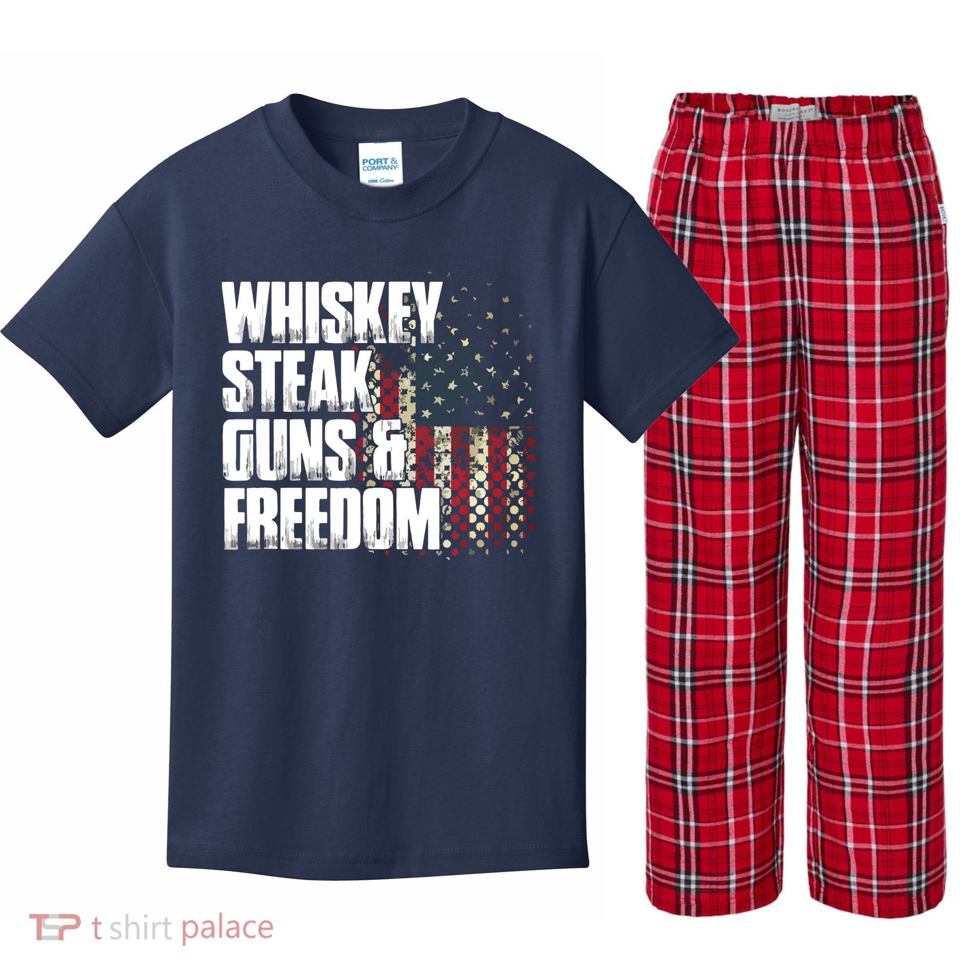 Whiskey Steak Guns Freedom Patriotic Flag Gift Kids Plaid Pajama Set