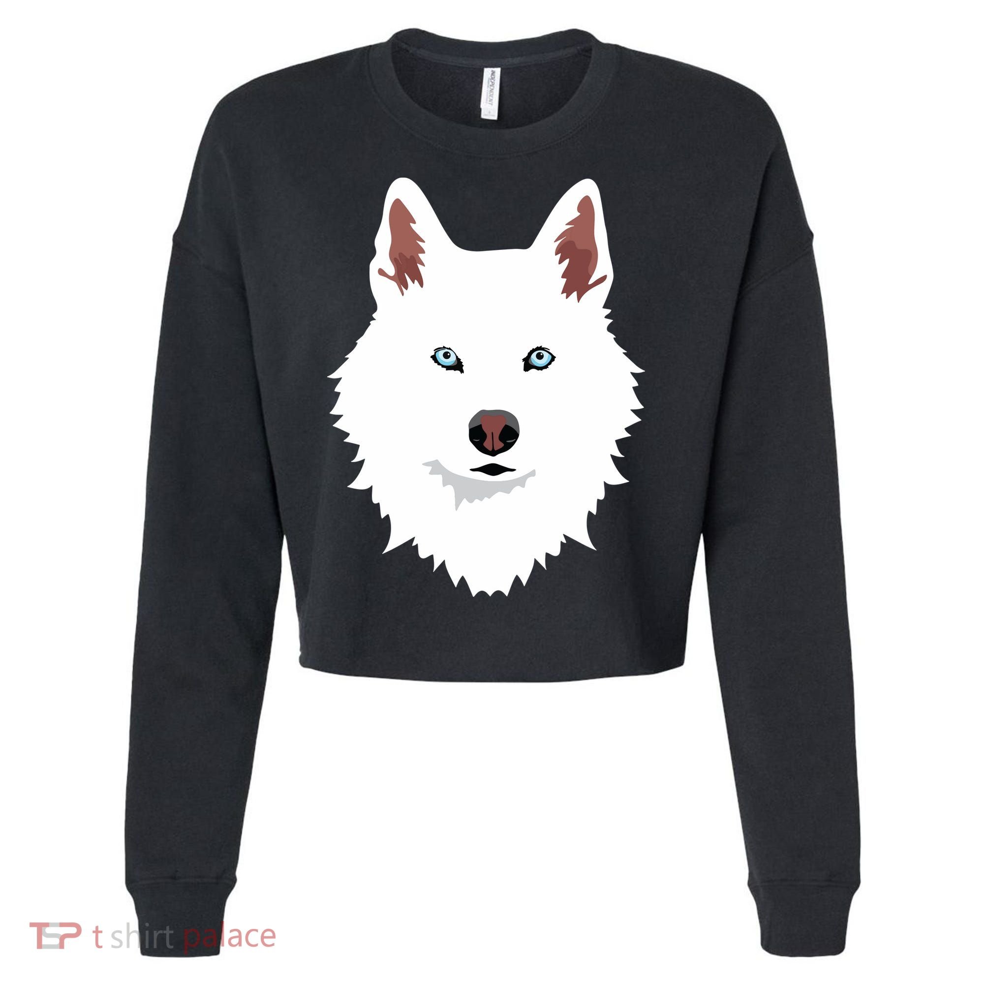 White Siberian Husky Canine White Snow Dog Cropped Pullover Crew