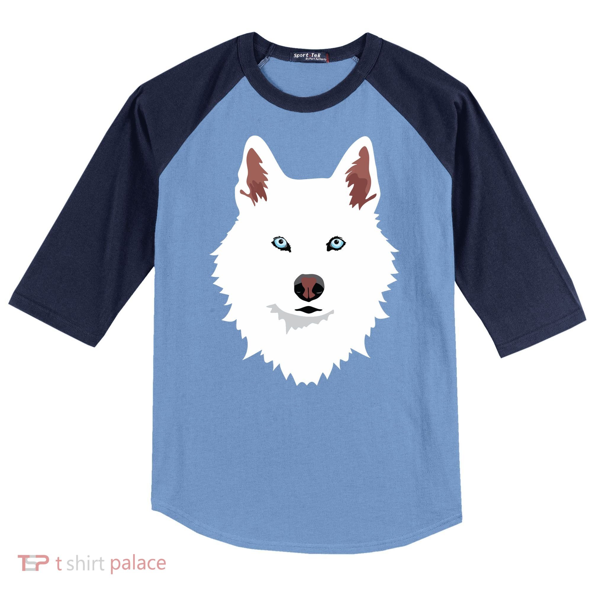 White Siberian Husky Canine White Snow Dog Raglan Baseball Sleeve Shirt
