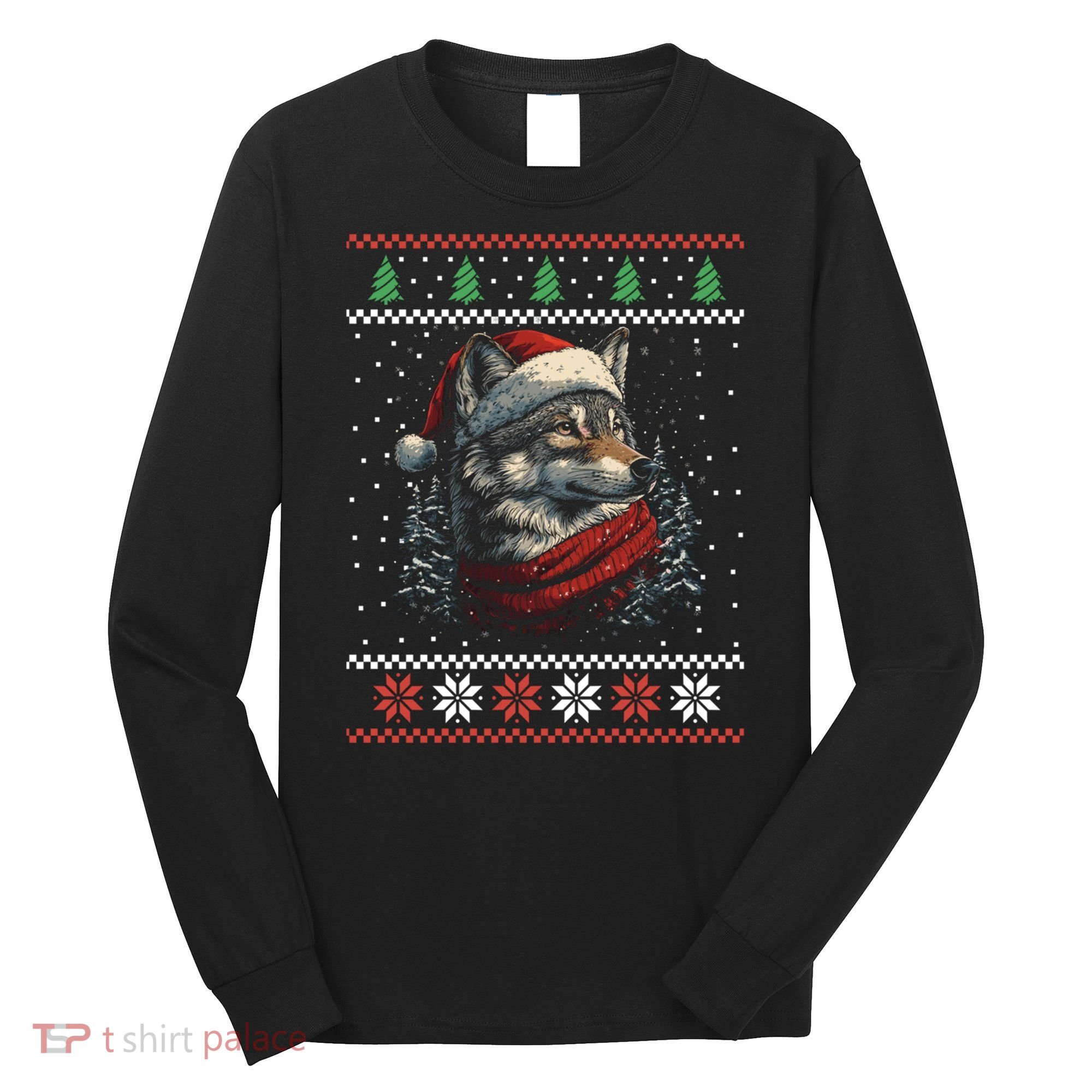 Wolf Santa Hat Ugly Christmas Cute Gift Long Sleeve Shirt