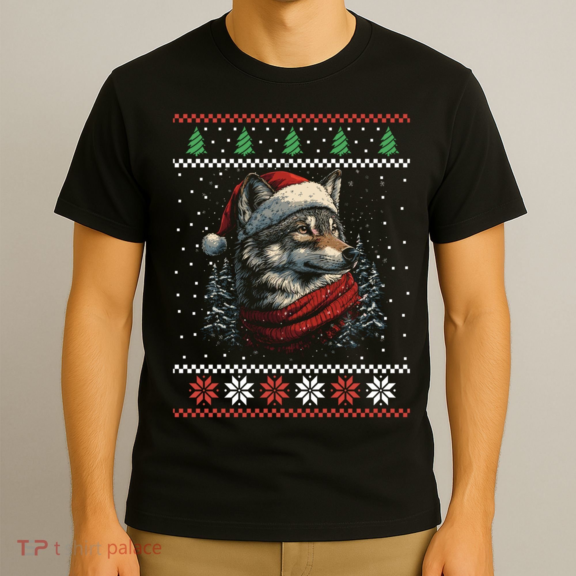 Wolf Santa Hat Ugly Christmas Cute Gift T-Shirt