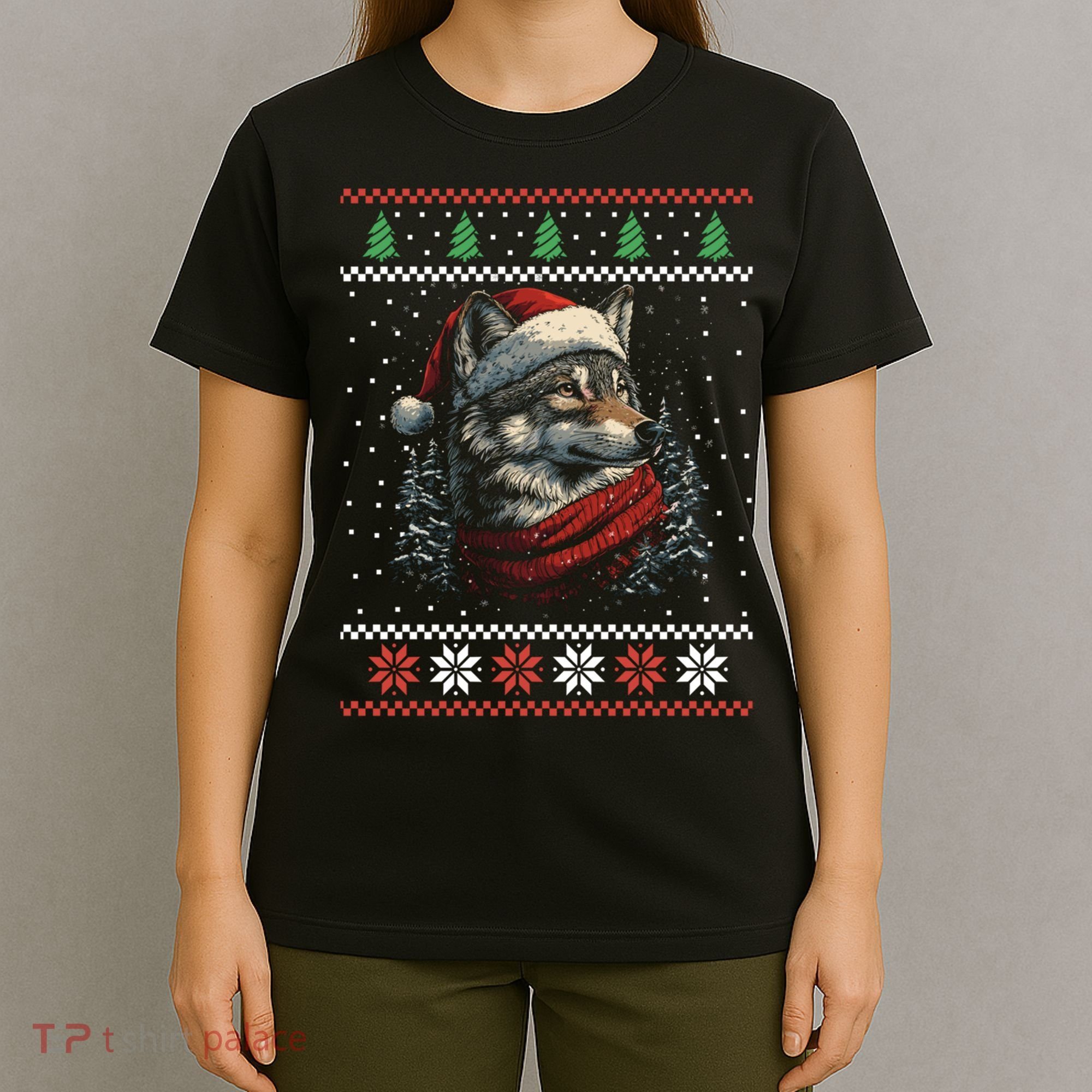 Wolf Santa Hat Ugly Christmas Cute Gift T-Shirt