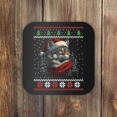 Wolf Santa Hat Ugly Christmas Cute Gift Coaster