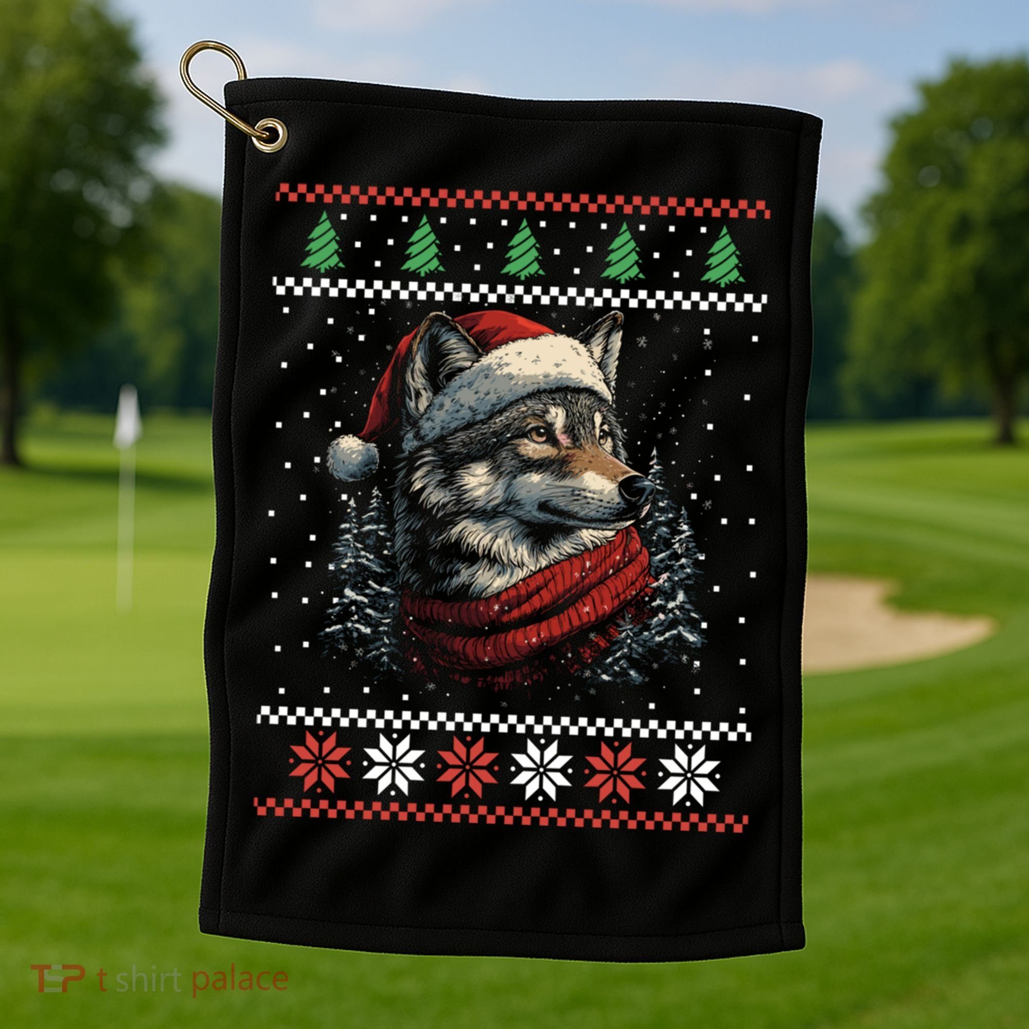 Wolf Santa Hat Ugly Christmas Cute Gift Golf Towel