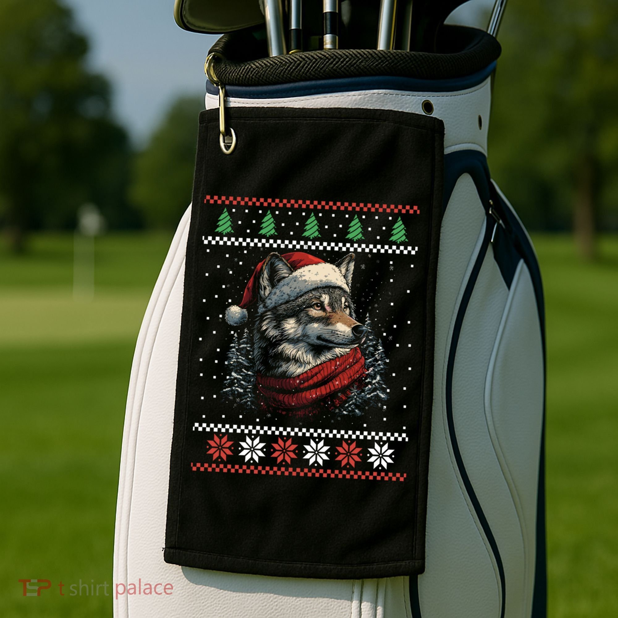 Wolf Santa Hat Ugly Christmas Cute Gift Golf Towel