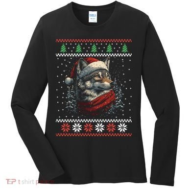Wolf Santa Hat Ugly Christmas Cute Gift Women's Long Sleeve Shirt