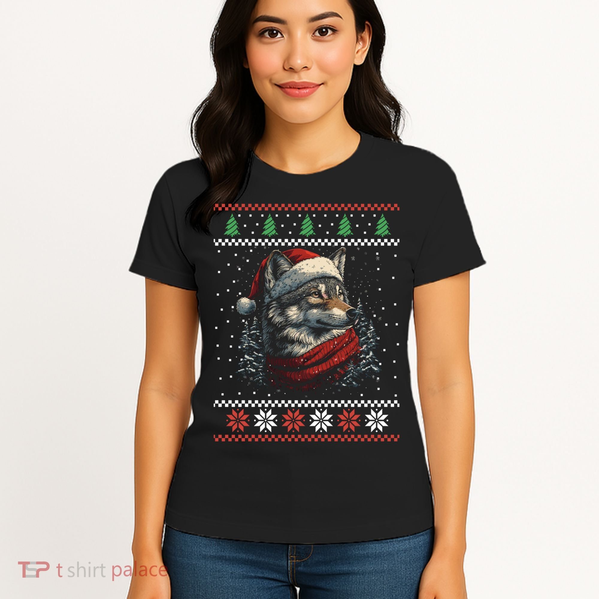 Wolf Santa Hat Ugly Christmas Cute Gift Women's T-Shirt