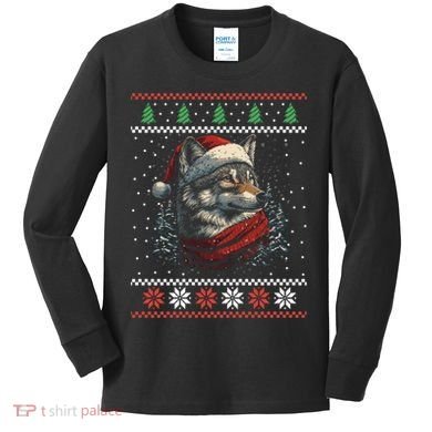 Wolf Santa Hat Ugly Christmas Cute Gift Kids Long Sleeve Shirt