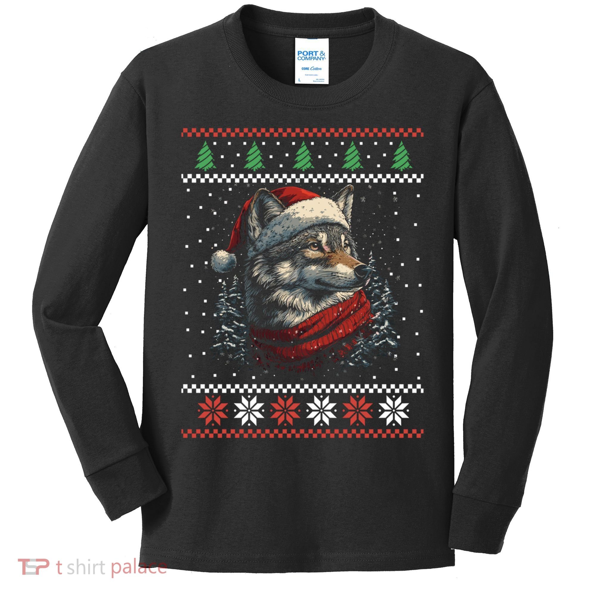 Wolf Santa Hat Ugly Christmas Cute Gift Kids Long Sleeve Shirt