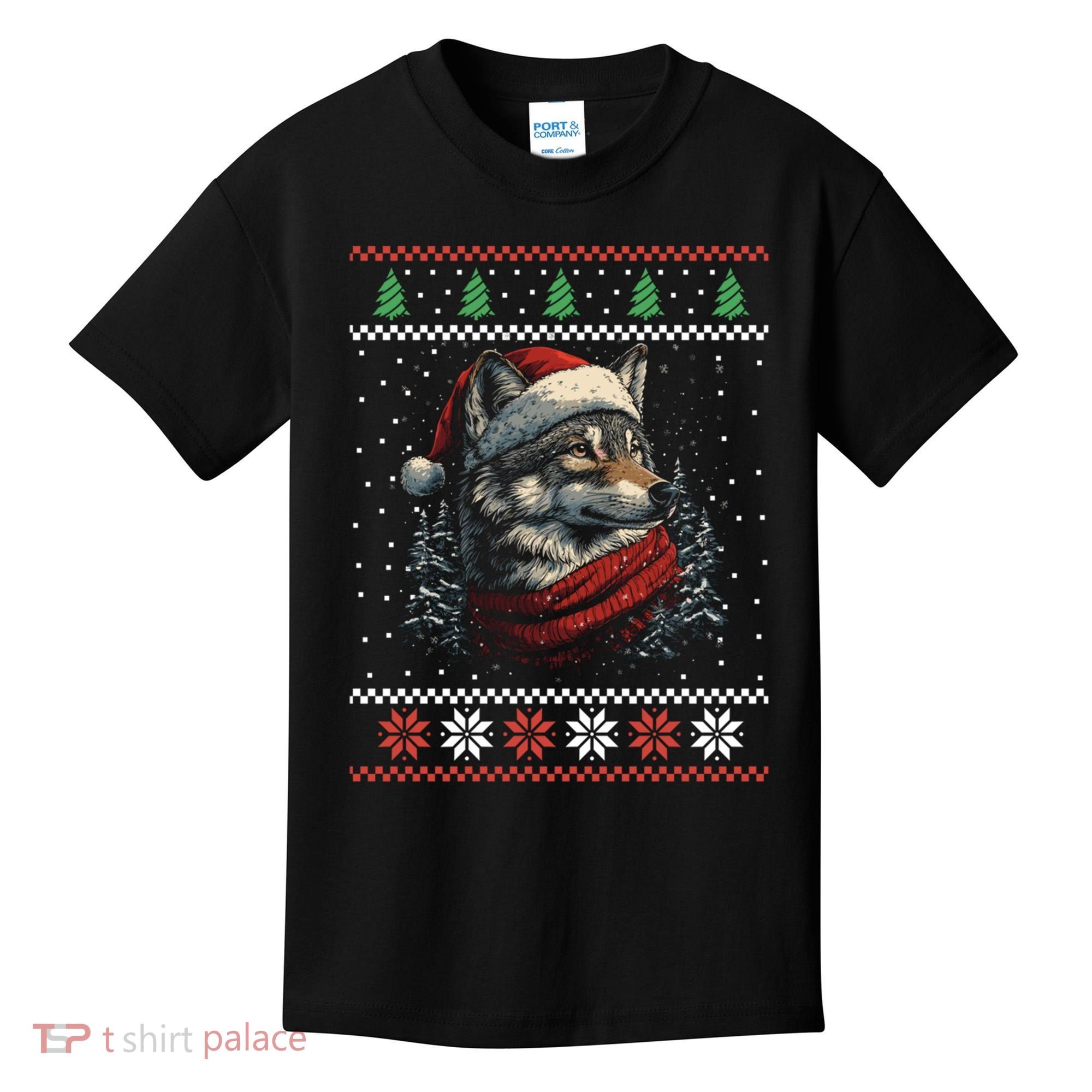 Wolf Santa Hat Ugly Christmas Cute Gift Kids T-Shirt