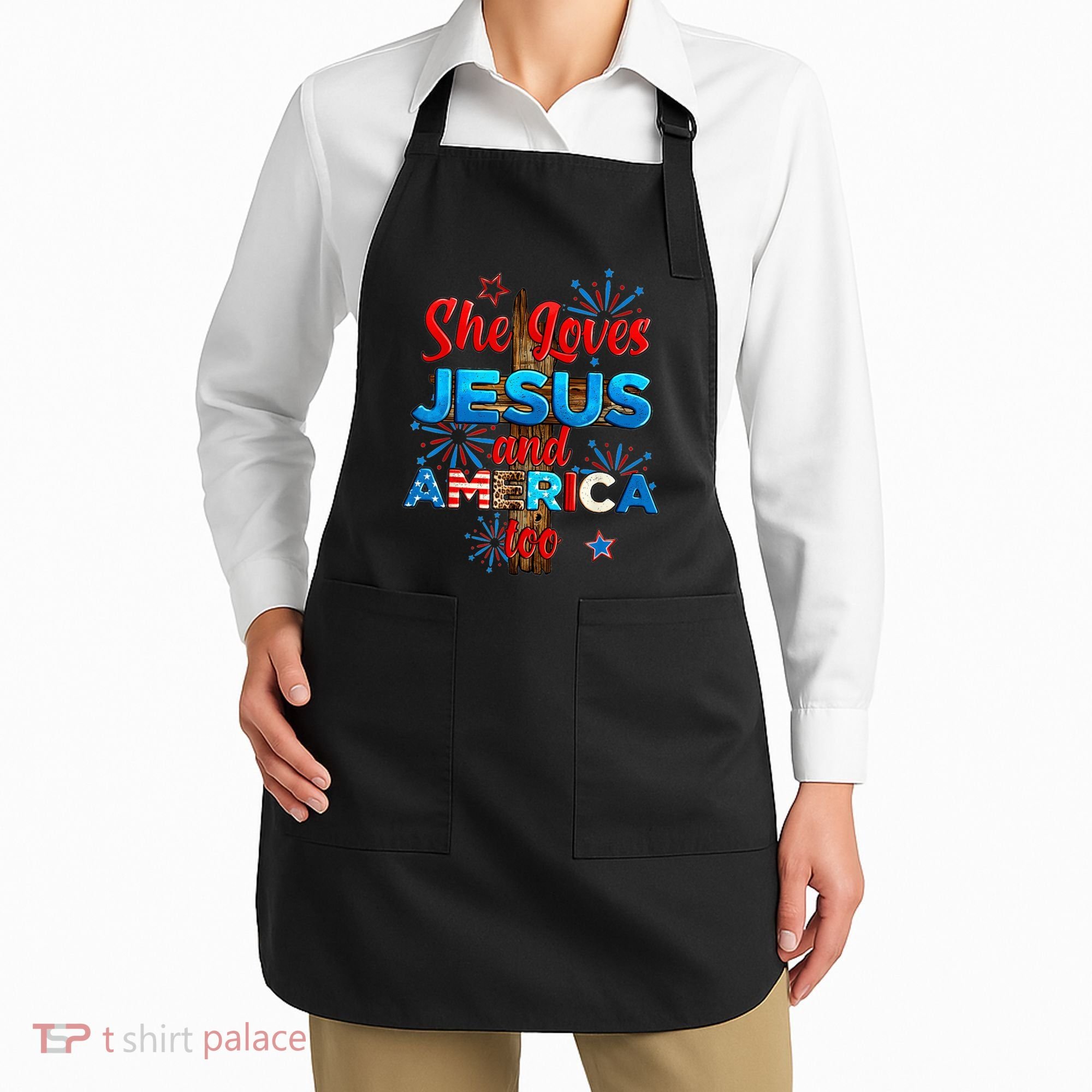 Wo She Loves Jesus and America too American Flag Apron