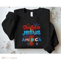 Wo She Loves Jesus and America too American Flag Sweatshirt thumb 2