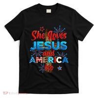 Wo She Loves Jesus and America too American Flag T-Shirt thumb 0