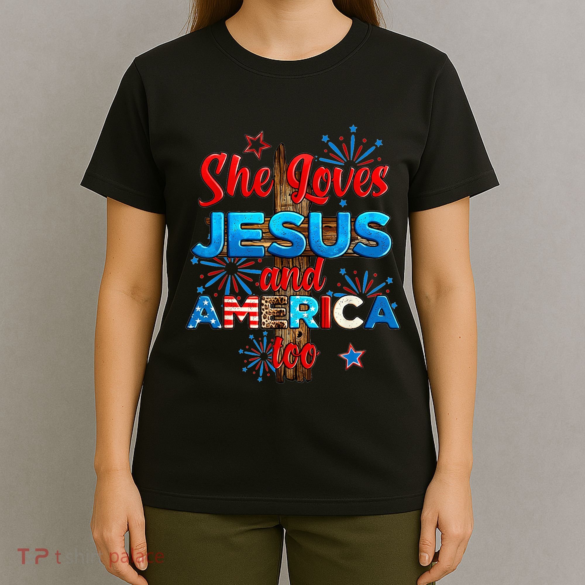 Wo She Loves Jesus and America too American Flag T-Shirt
