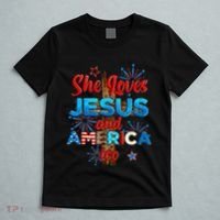 Wo She Loves Jesus and America too American Flag T-Shirt thumb 5