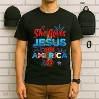 Wo She Loves Jesus and America too American Flag T-Shirt thumb 6