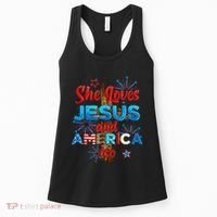 Wo She Loves Jesus and America too American Flag Women's Tank Top thumb 0