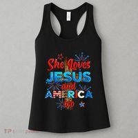 Wo She Loves Jesus and America too American Flag Women's Tank Top thumb 3
