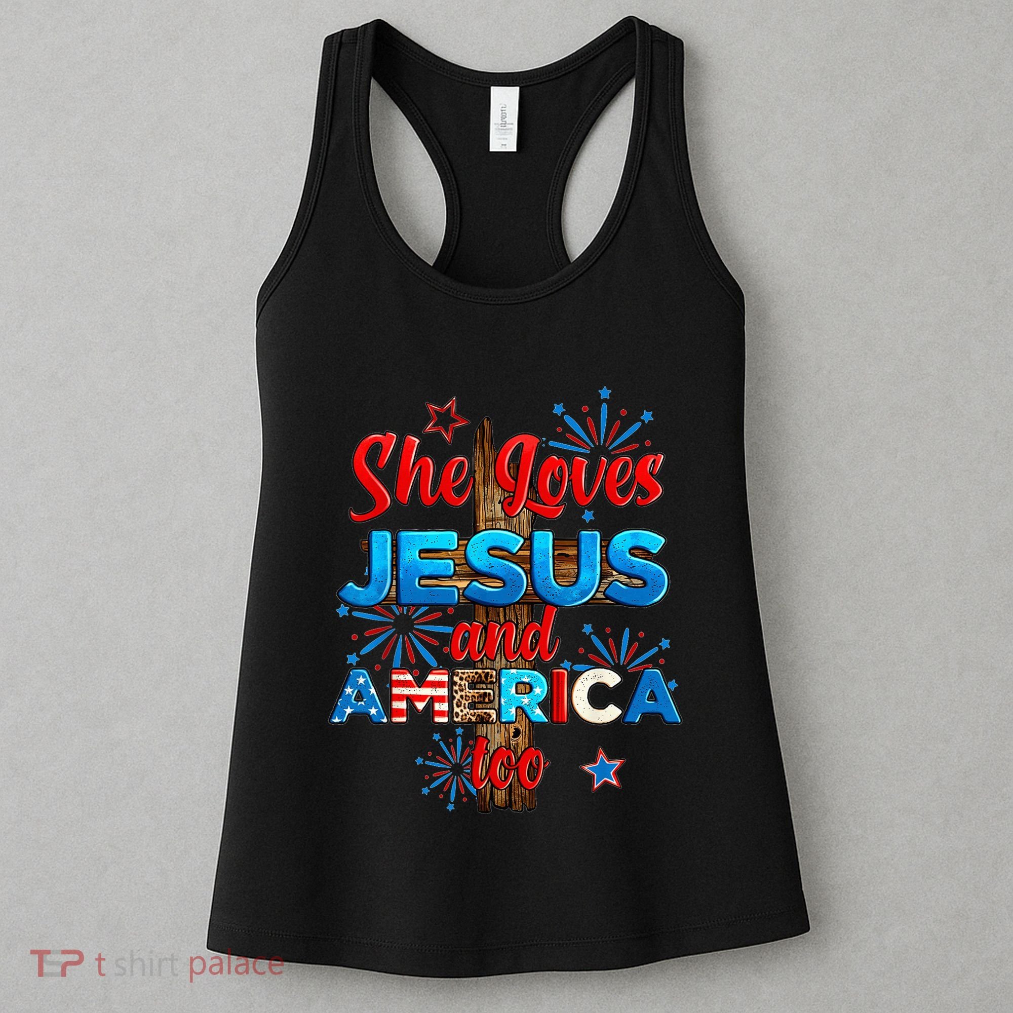 Wo She Loves Jesus and America too American Flag Women's Tank Top