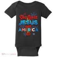 Wo She Loves Jesus and America too American Flag Baby Bodysuit thumb 0