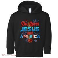 Wo She Loves Jesus and America too American Flag Toddler Hoodie thumb 0