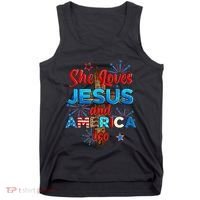 Wo She Loves Jesus and America too American Flag Tank Top thumb 0