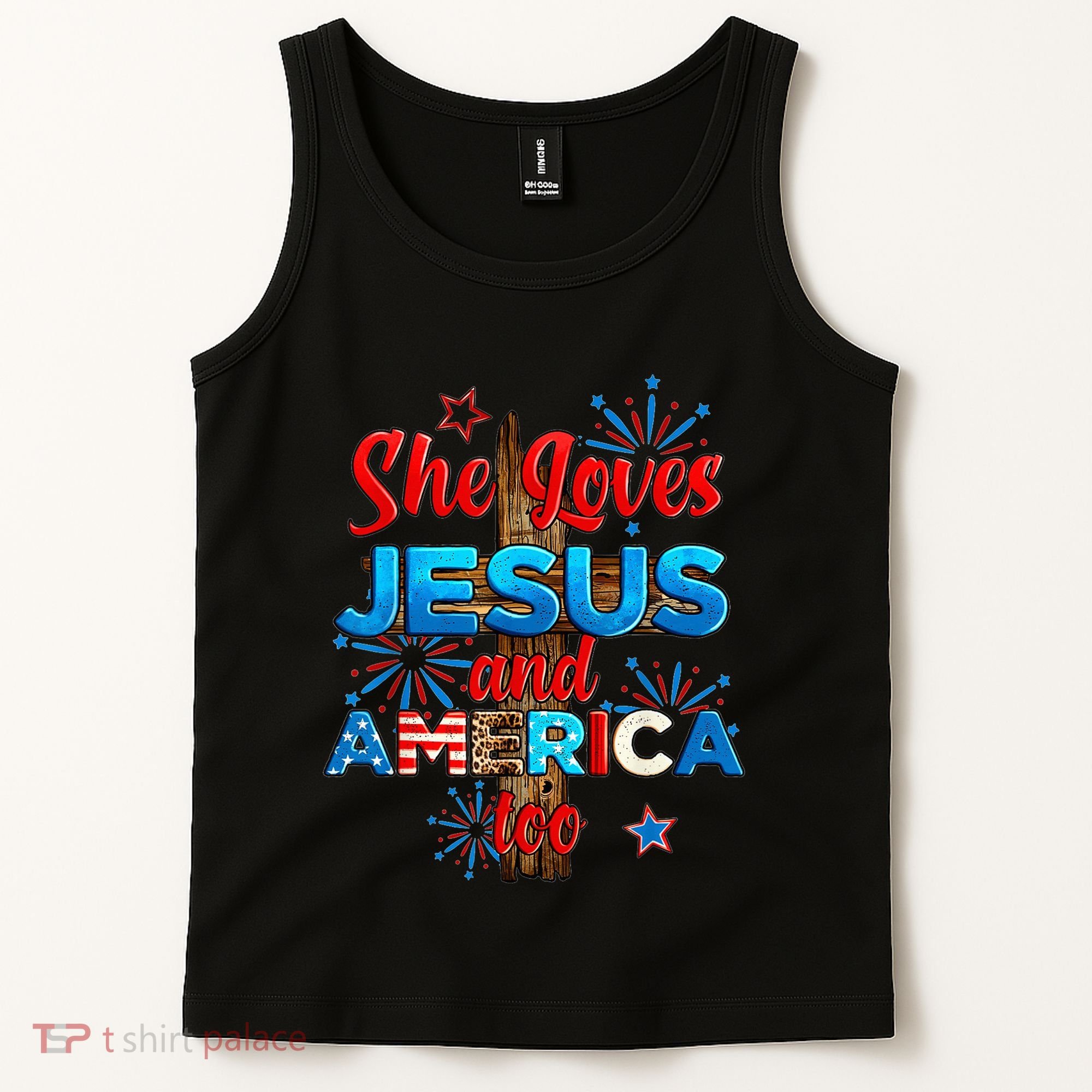 Wo She Loves Jesus and America too American Flag Tank Top