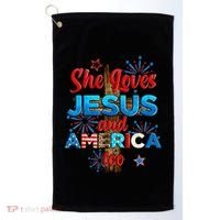 Wo She Loves Jesus and America too American Flag Golf Towel thumb 0