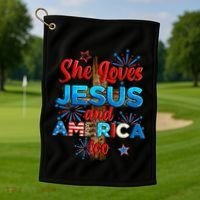 Wo She Loves Jesus and America too American Flag Golf Towel thumb 1
