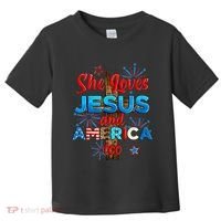 Wo She Loves Jesus and America too American Flag Toddler T-Shirt thumb 0