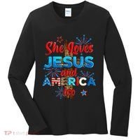 Wo She Loves Jesus and America too American Flag Women's Long Sleeve Shirt thumb 0