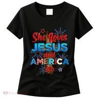 Wo She Loves Jesus and America too American Flag Women's T-Shirt thumb 0
