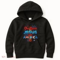 Wo She Loves Jesus and America too American Flag Kids Hoodie thumb 0
