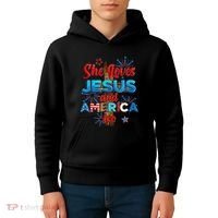 Wo She Loves Jesus and America too American Flag Kids Hoodie thumb 4