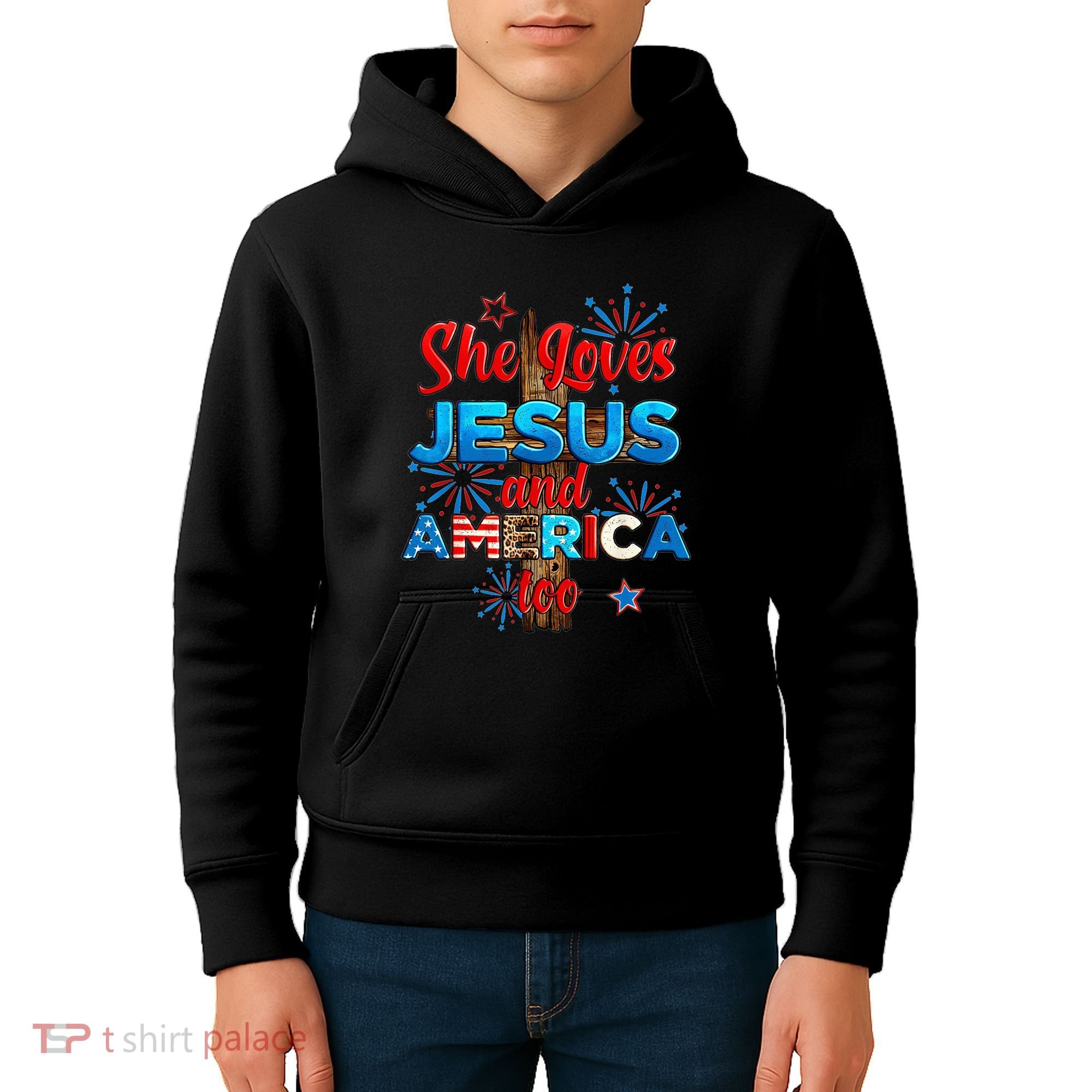 Wo She Loves Jesus and America too American Flag Kids Hoodie