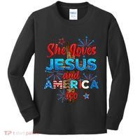 Wo She Loves Jesus and America too American Flag Kids Long Sleeve Shirt thumb 0