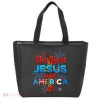 Wo She Loves Jesus and America too American Flag Tote Bag thumb 0