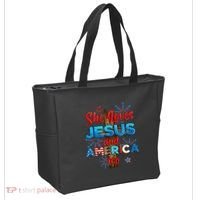 Wo She Loves Jesus and America too American Flag Tote Bag thumb 2