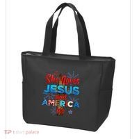 Wo She Loves Jesus and America too American Flag Tote Bag thumb 3