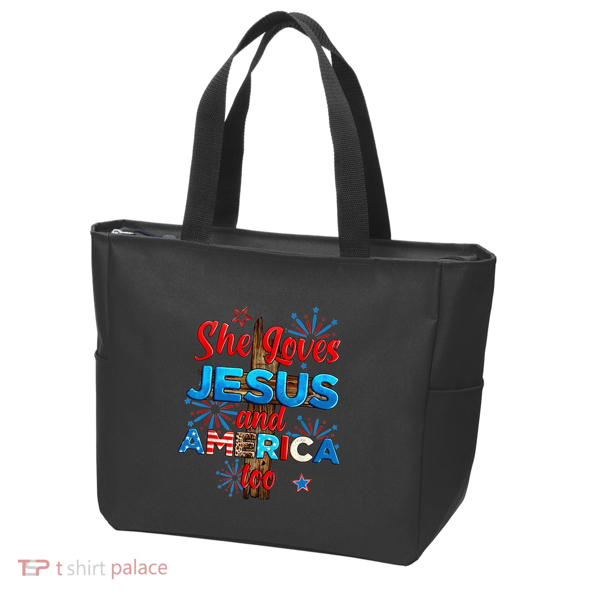 Wo She Loves Jesus and America too American Flag Tote Bag