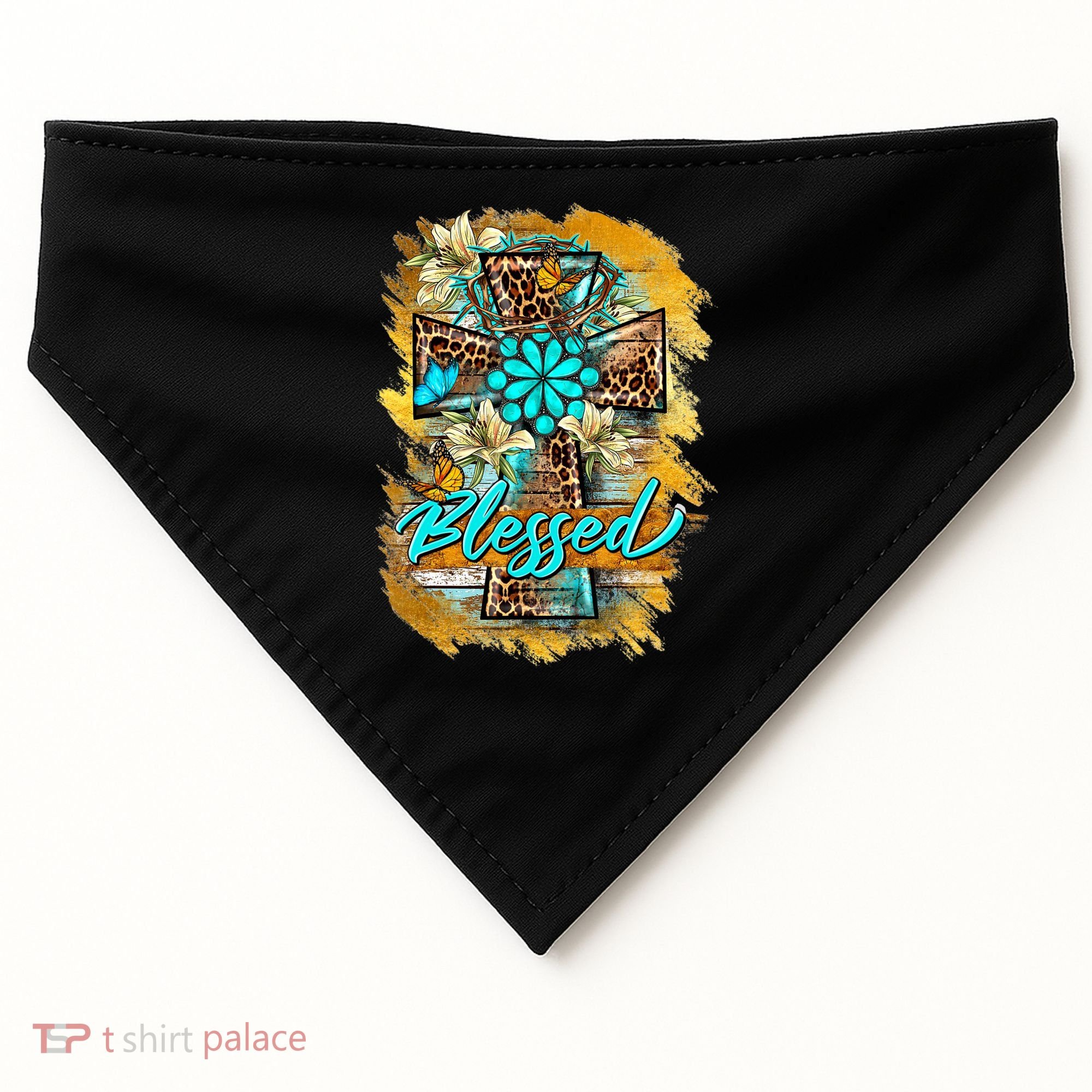 Western Sunflowers Leopard Cross Blessed Jesus Christian USA-Made Doggie Bandana