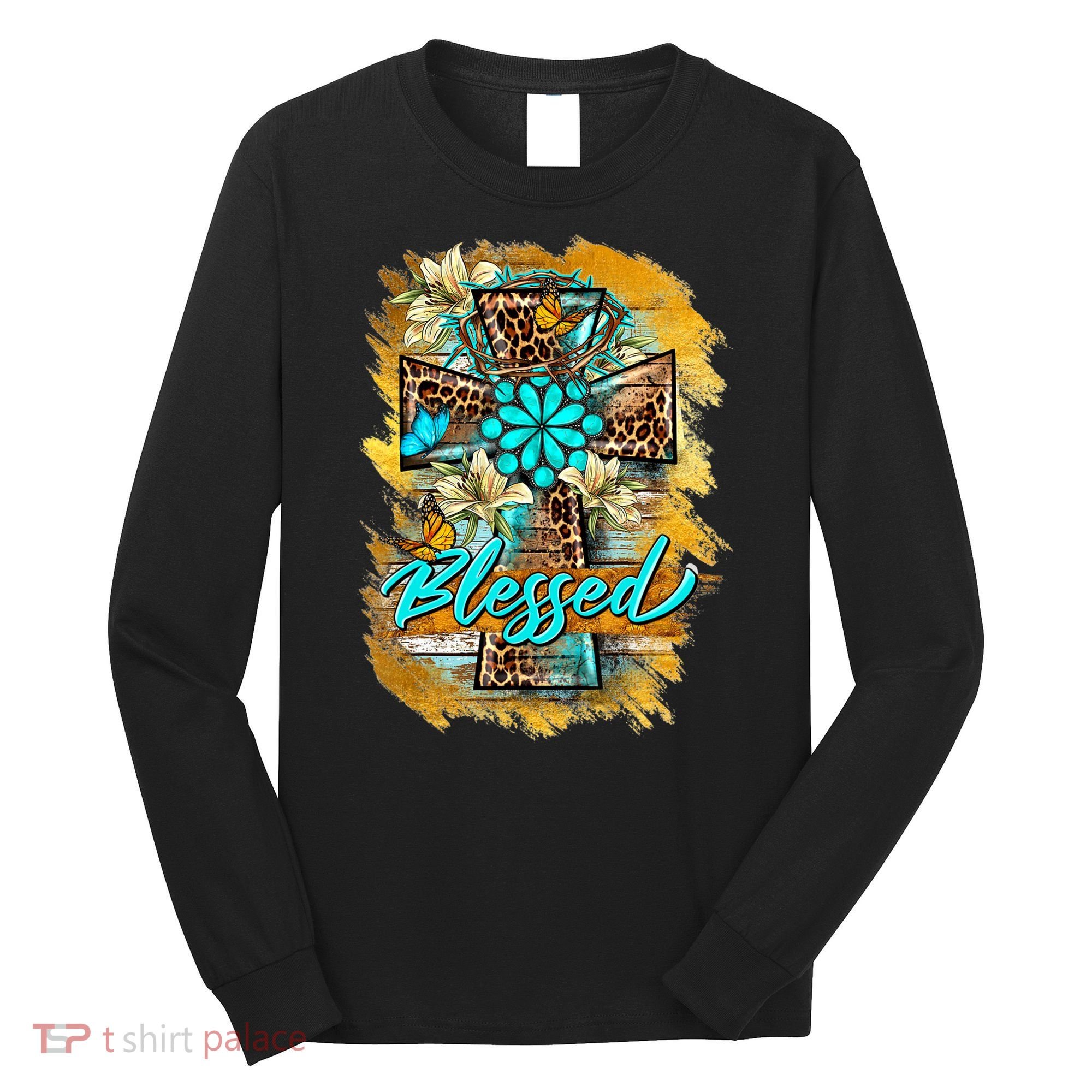 Western Sunflowers Leopard Cross Blessed Jesus Christian Long Sleeve Shirt