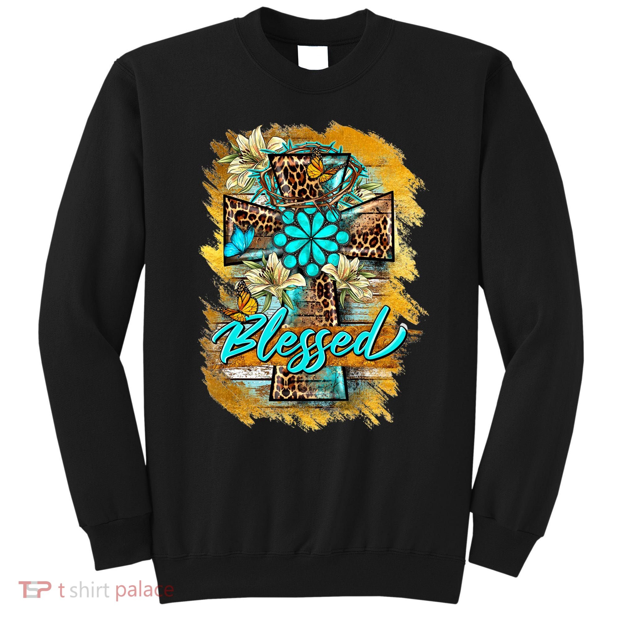 Western Sunflowers Leopard Cross Blessed Jesus Christian Sweatshirt