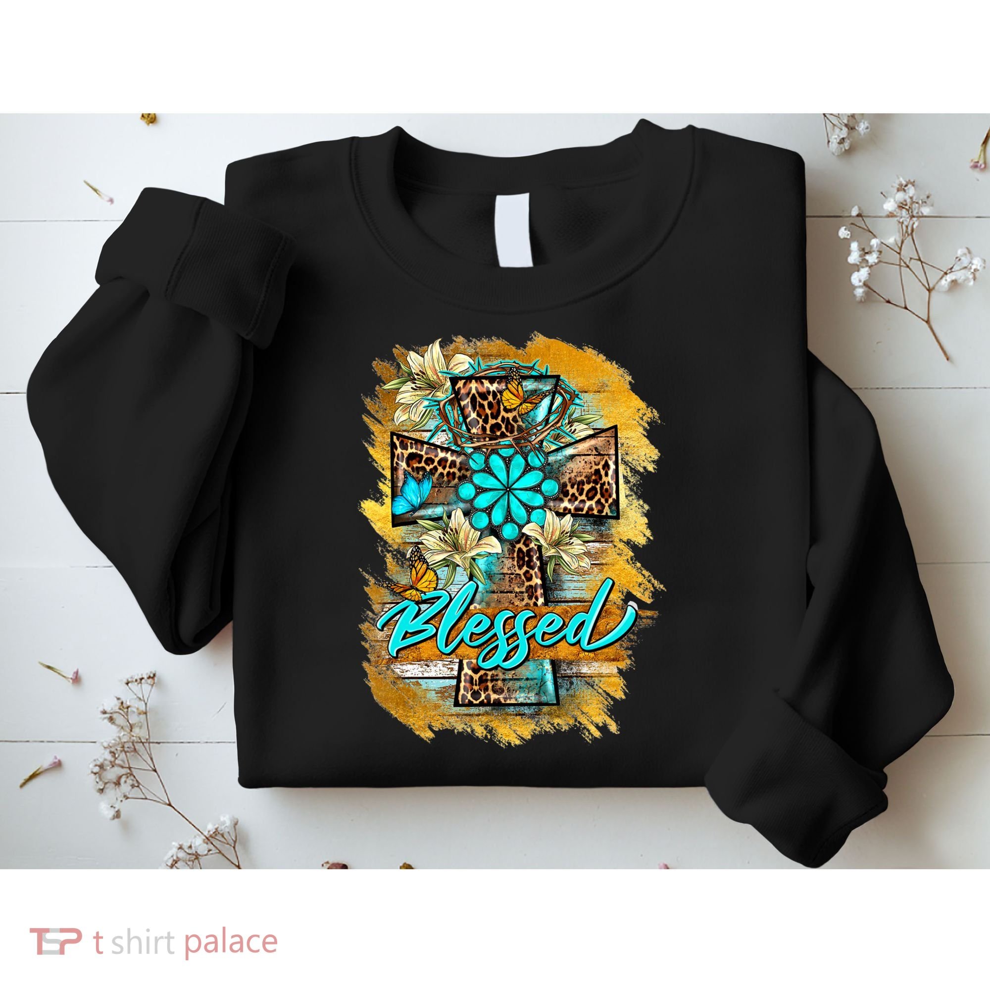 Western Sunflowers Leopard Cross Blessed Jesus Christian Sweatshirt