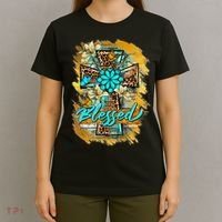 Western Sunflowers Leopard Cross Blessed Jesus Christian T-Shirt thumb 4