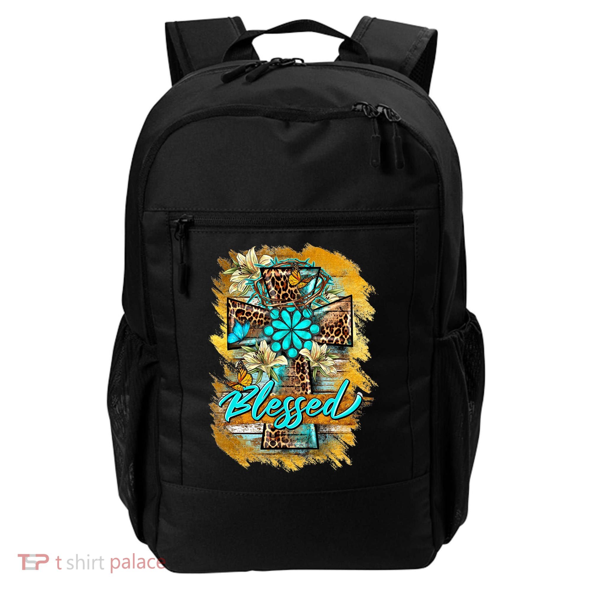 Western Sunflowers Leopard Cross Blessed Jesus Christian Backpack