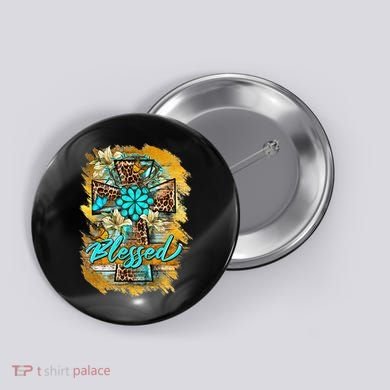Western Sunflowers Leopard Cross Blessed Jesus Christian Button