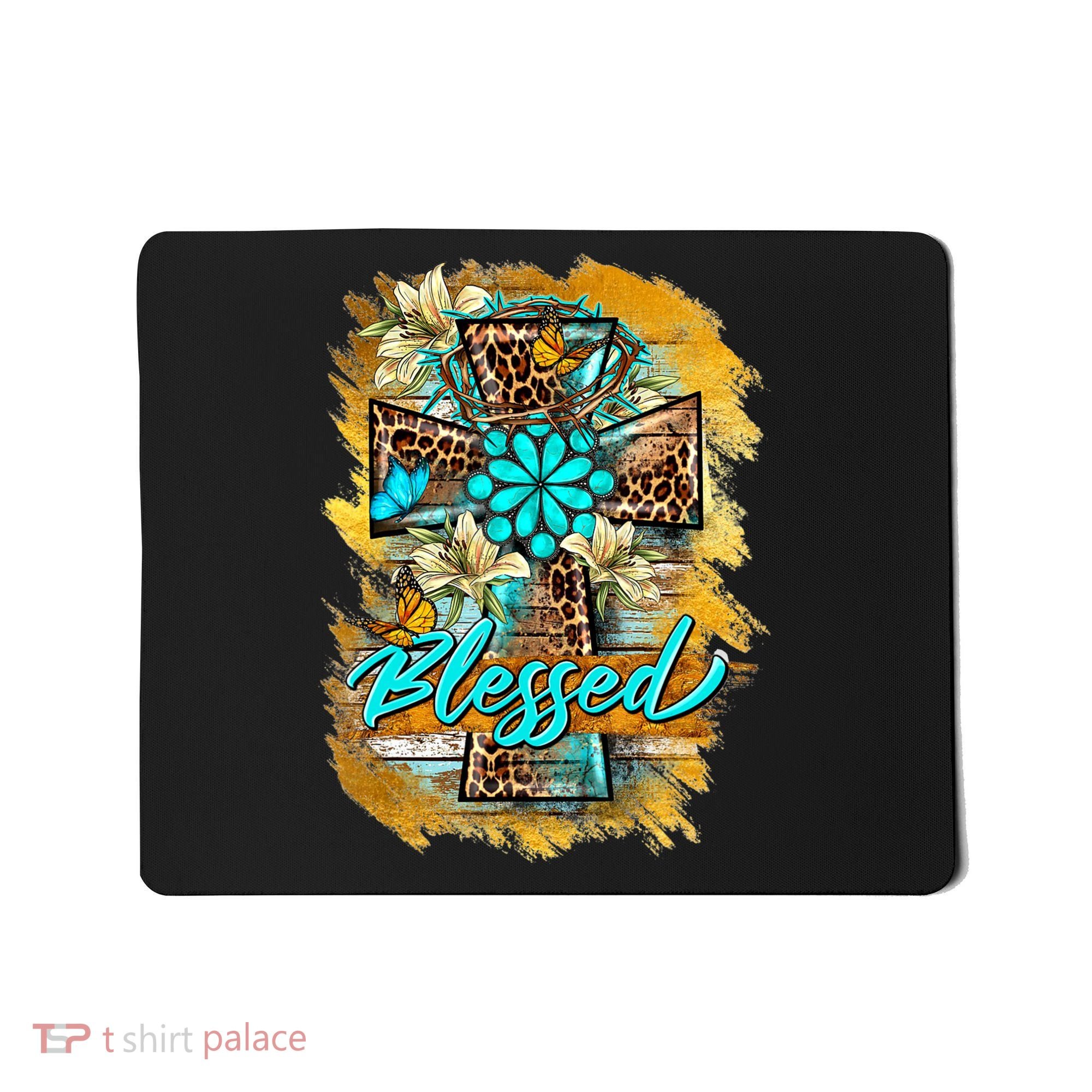 Western Sunflowers Leopard Cross Blessed Jesus Christian Mousepad