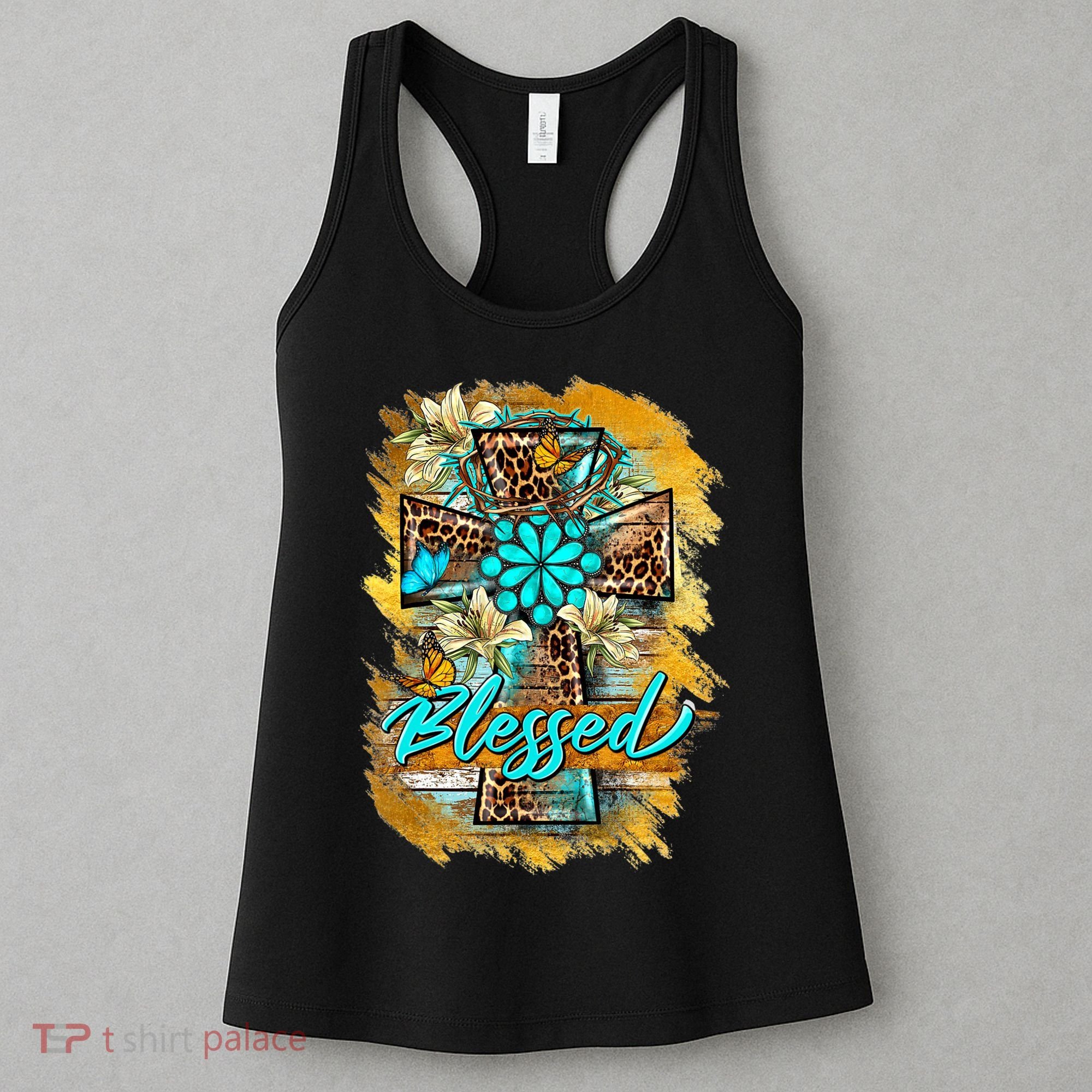 Western Sunflowers Leopard Cross Blessed Jesus Christian Women's Tank Top